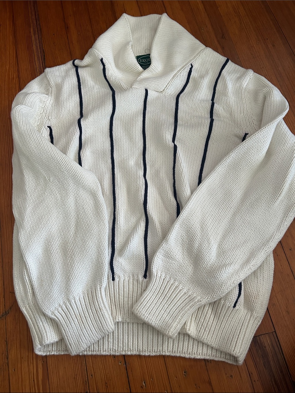 Vintage Izod Cream Turtleneck Sweater with Navy Vertical Stripes
